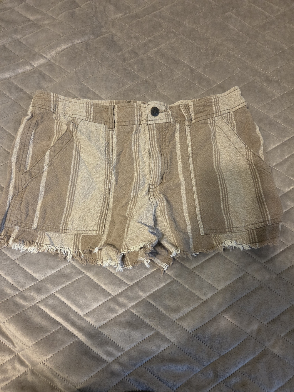Free People Striped Tan and Cream Frayed Hem Jean Shorts